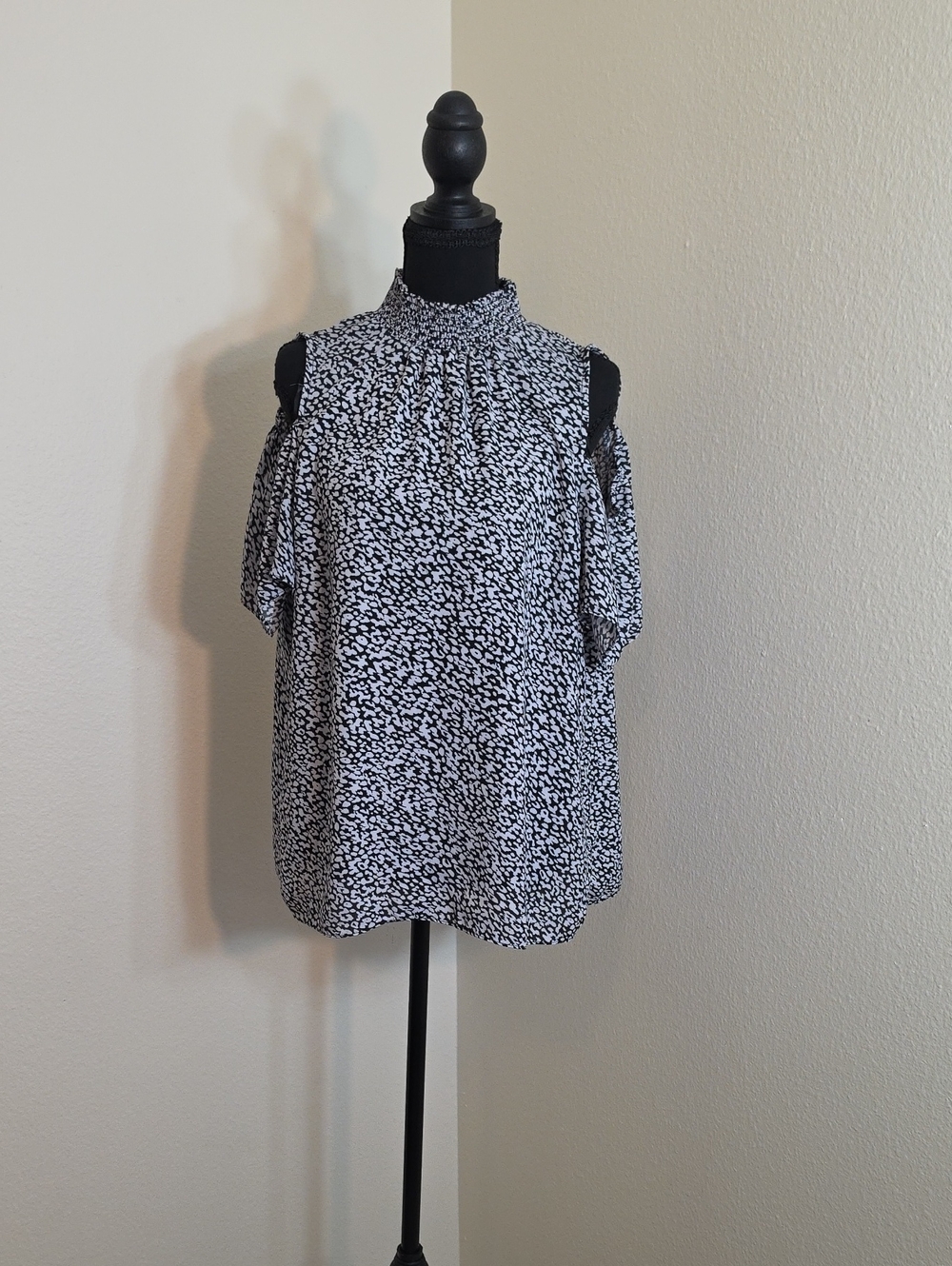 CeCe Black & White Cold-Shoulder Smocked-Neck Blouse